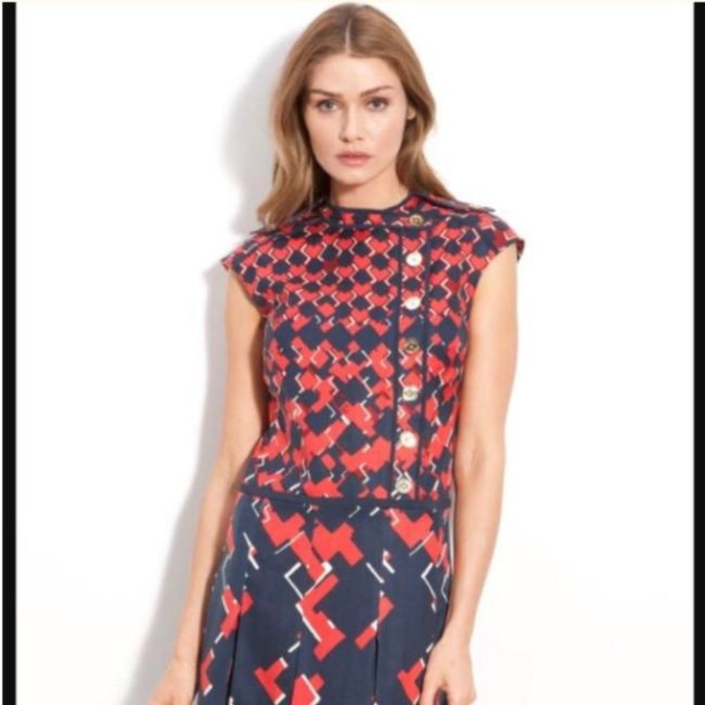 Tory Burch Navy / Red Truman Silk Pleated Work/Off
